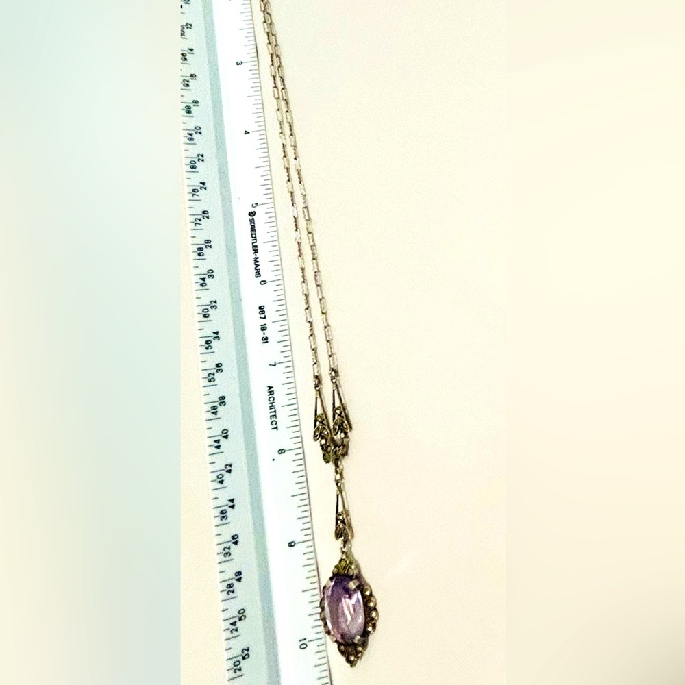 Vintage Marcasite & Amethyst Sterling Silver 925 Art Deco Gatsby Necklace - Picture 9 of 9